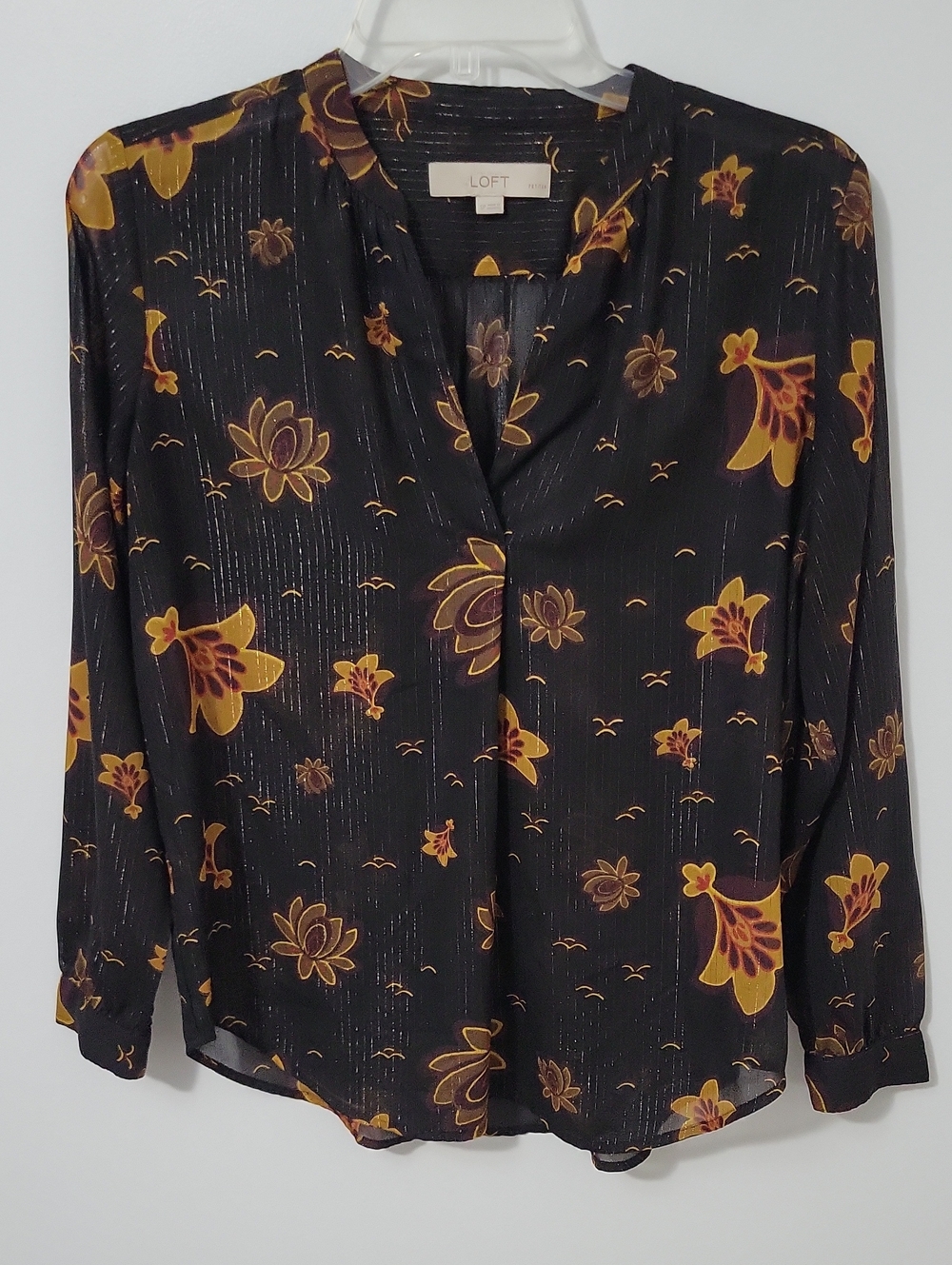 LOFT Black Blouse with Yellow Floral Print, Size Small Petite